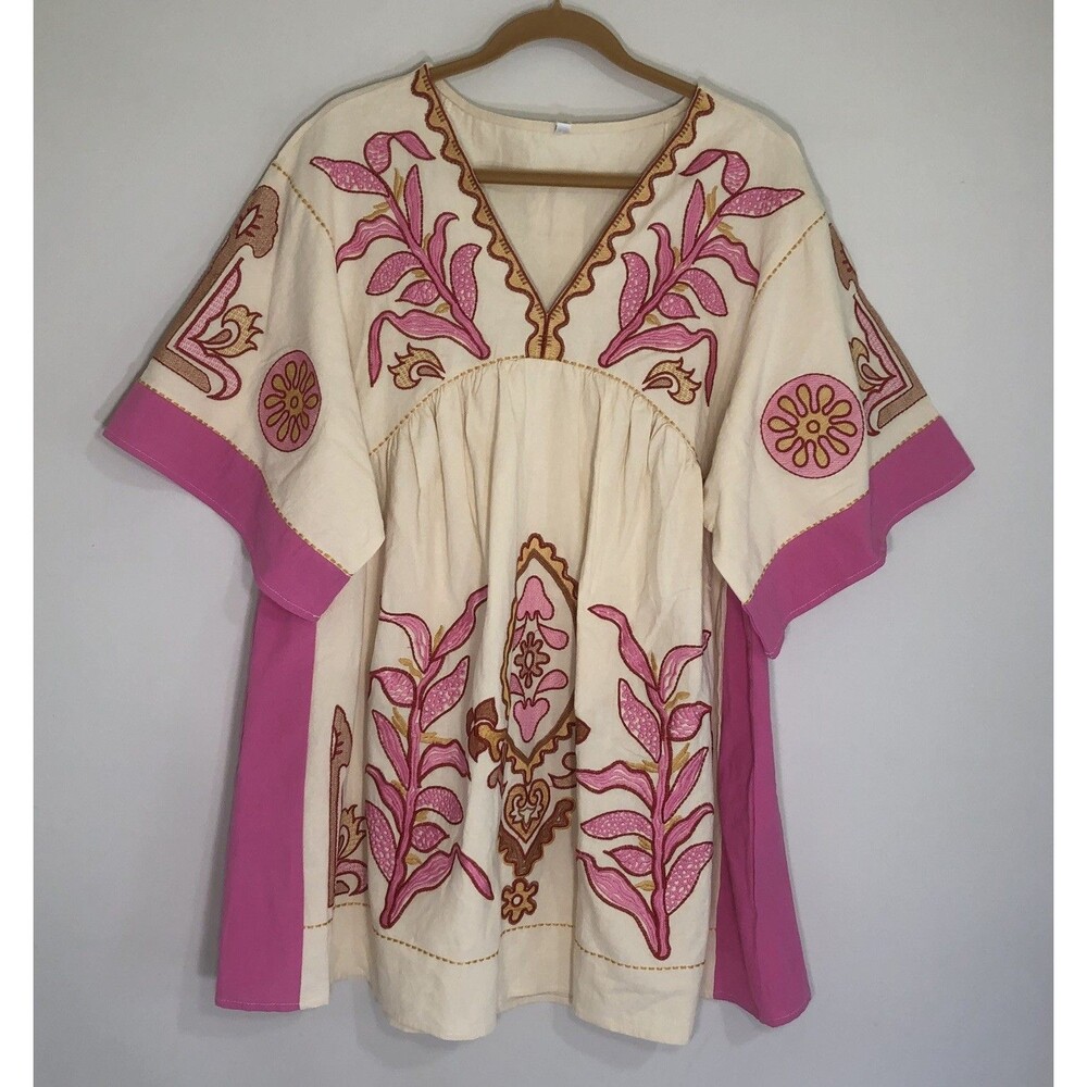 JOIEMONT Tunic Dress S Ivory Pink Embroidered Boho Festival Cottagecore NWT